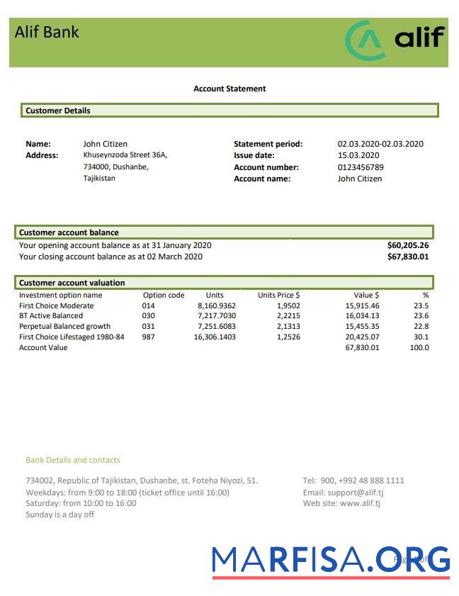 Blank Tajikistan Alif bank statement word sample